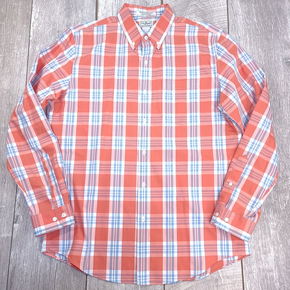 L.L. Bean Button Down Shirt Mens Medium Regular Coral Plaid Wrinkle Resistant